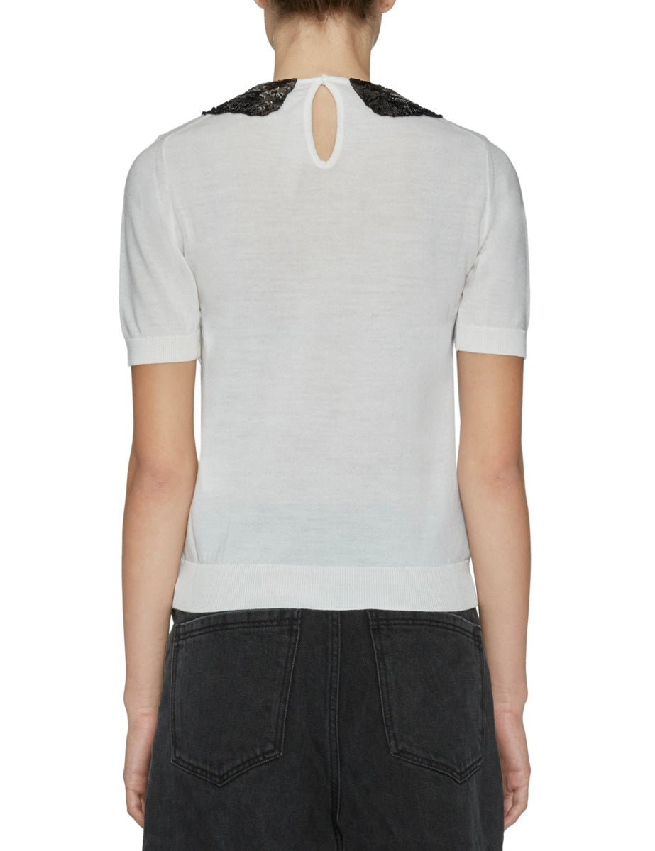 pullover colletto paillettes bianco latte - Frida SRL