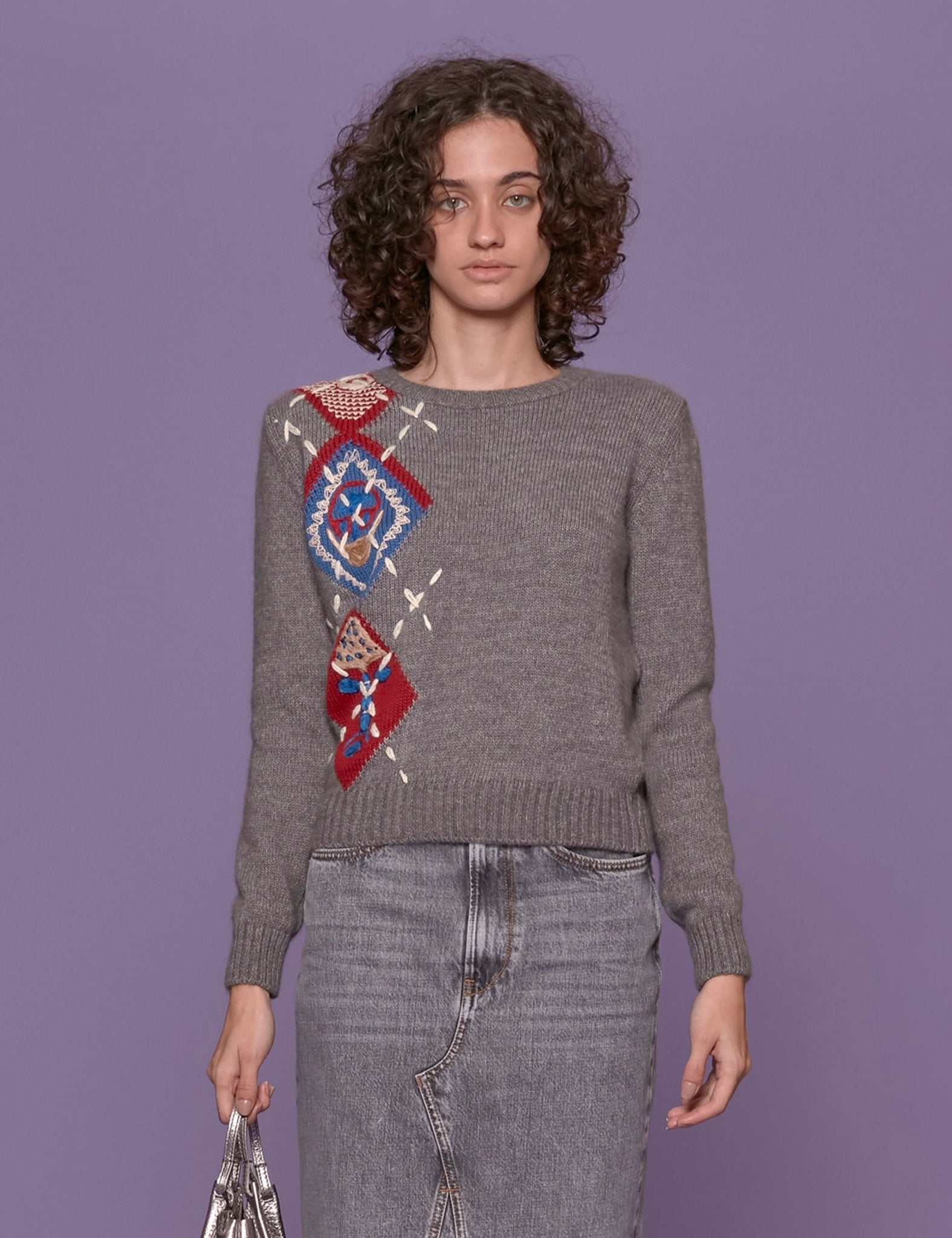 pullover girocollo intarsio grigio - Frida SRL