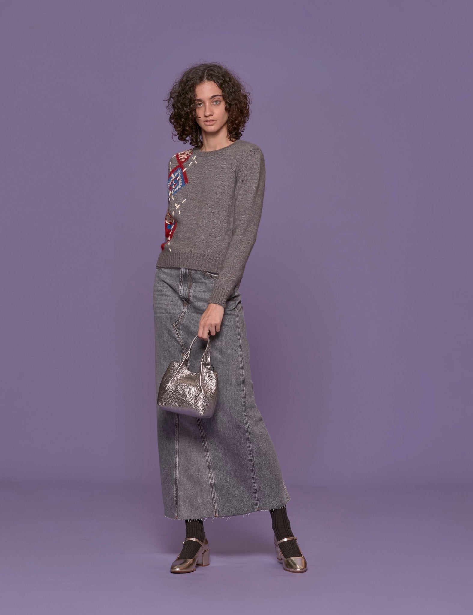 pullover girocollo intarsio grigio - Frida SRL