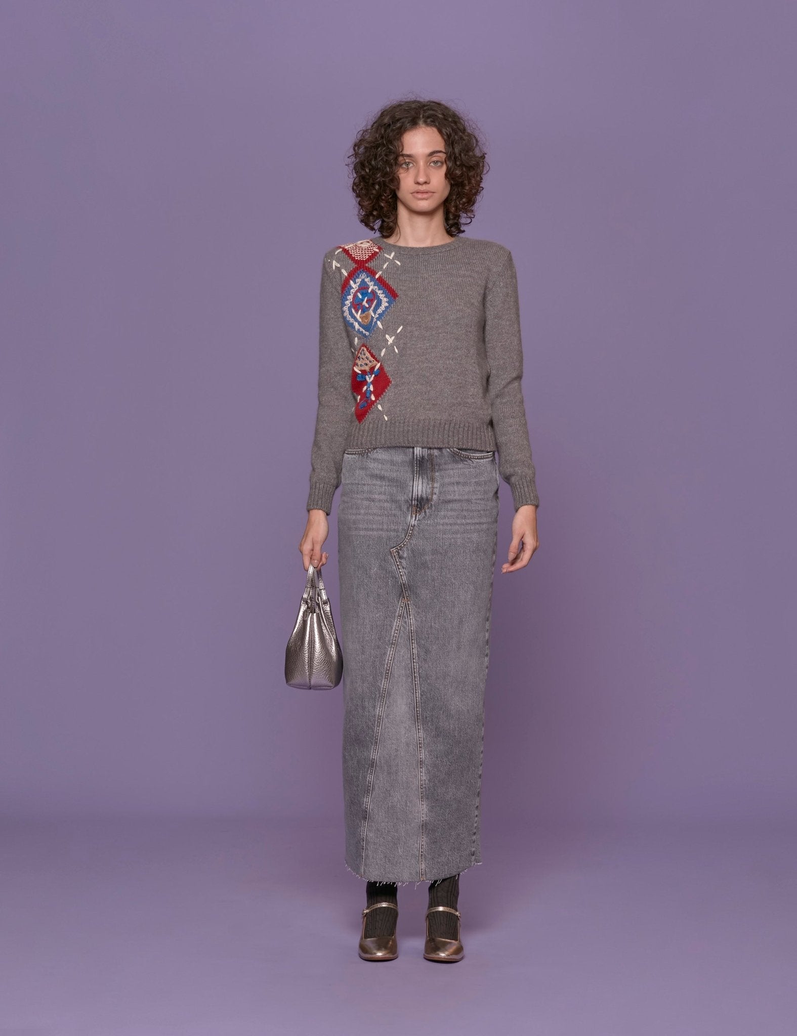 pullover girocollo intarsio grigio - Frida SRL
