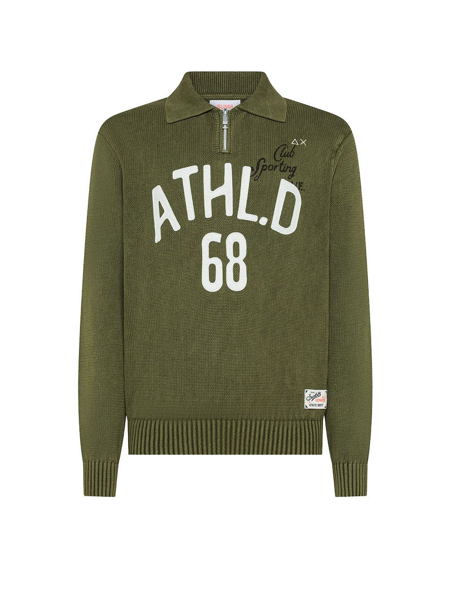 pullover hight zip scritte patch verde militare - sun68 - pullover
