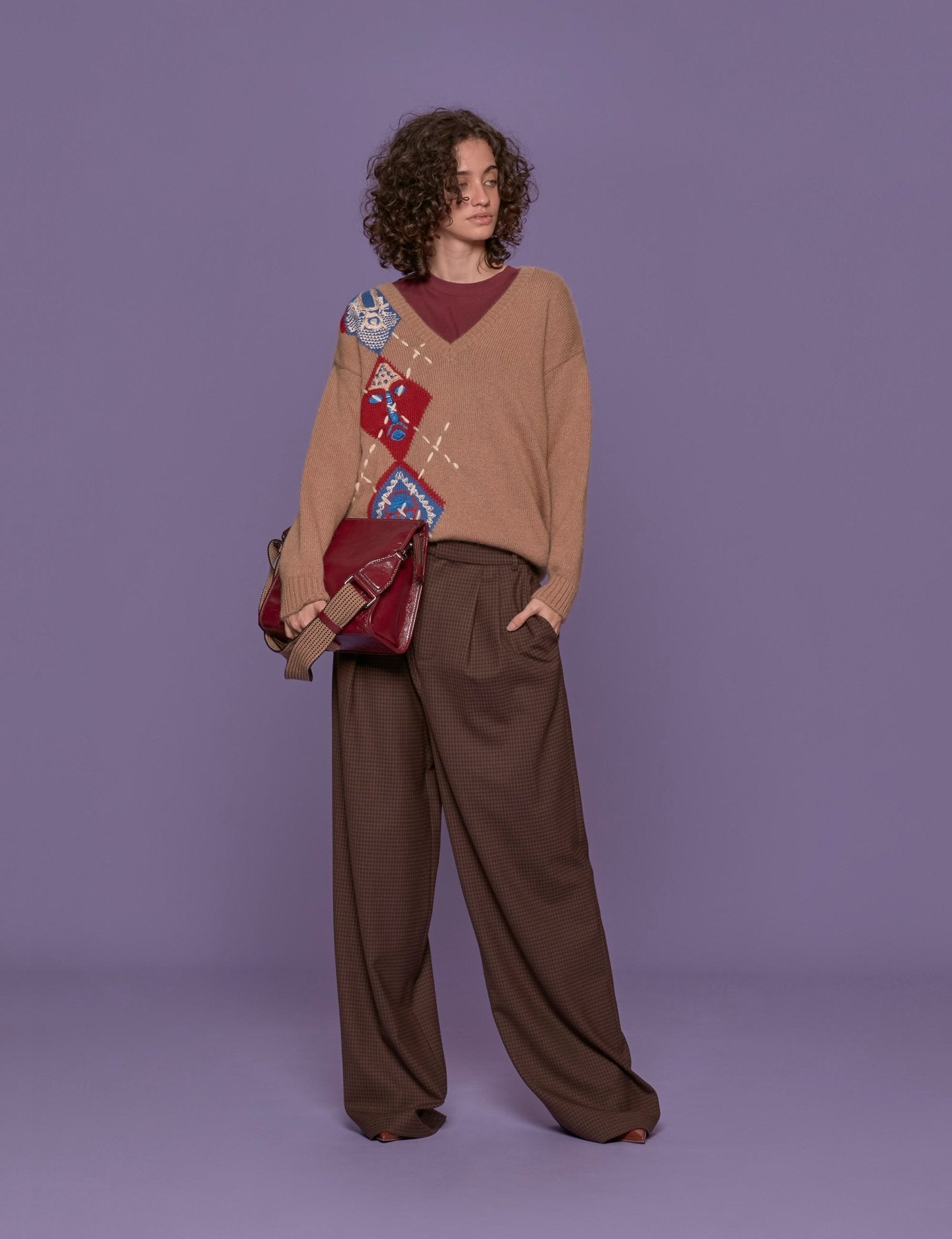 pullover scollo v intarsio beige - Frida SRL