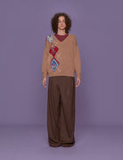 pullover scollo v intarsio beige - Frida SRL