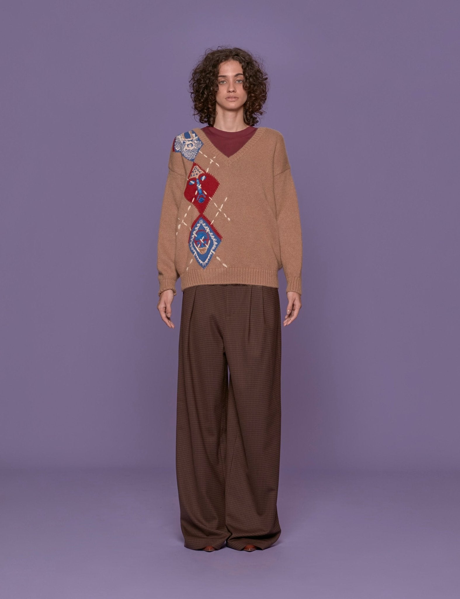 pullover scollo v intarsio beige - Frida SRL
