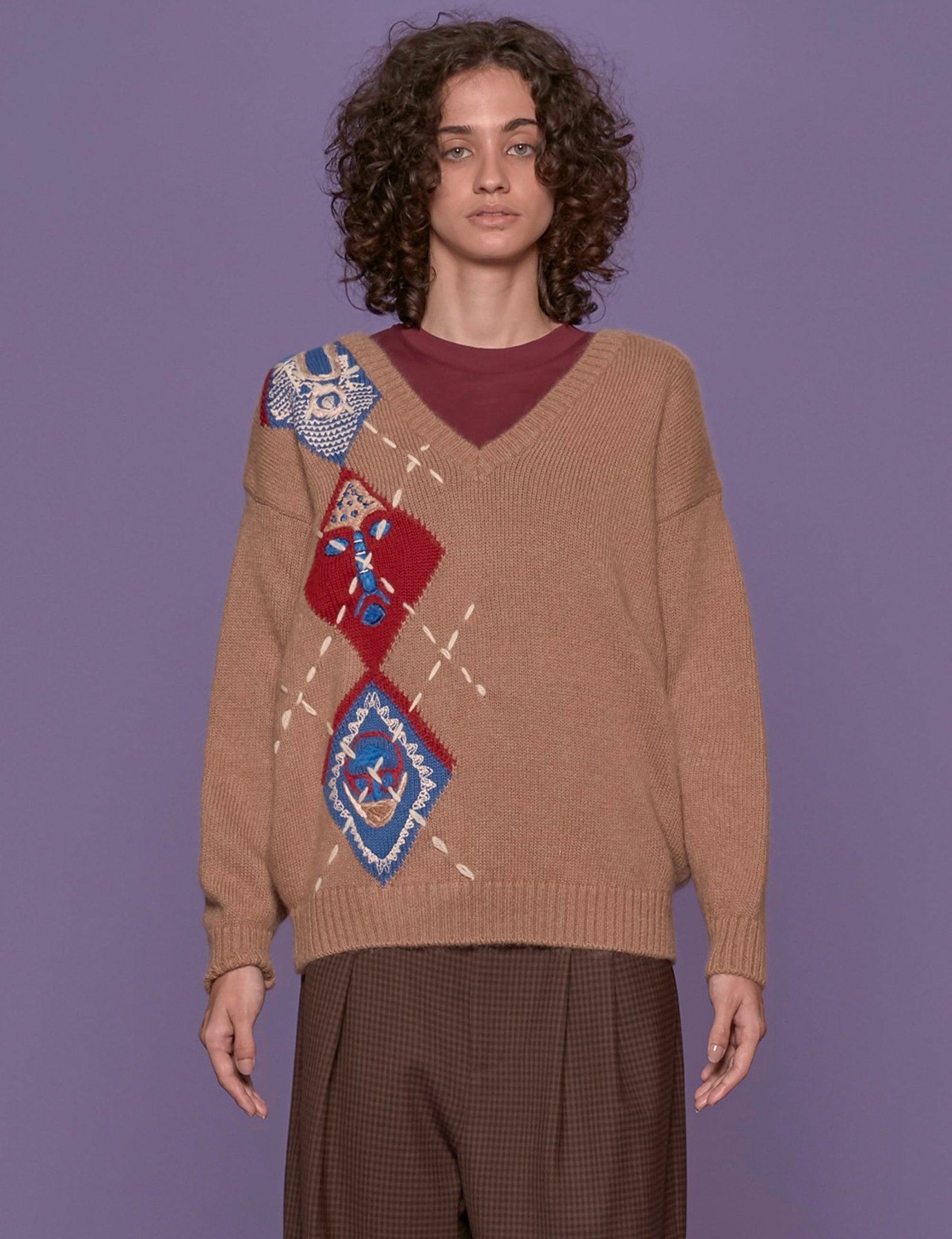 pullover scollo v intarsio beige - Frida SRL
