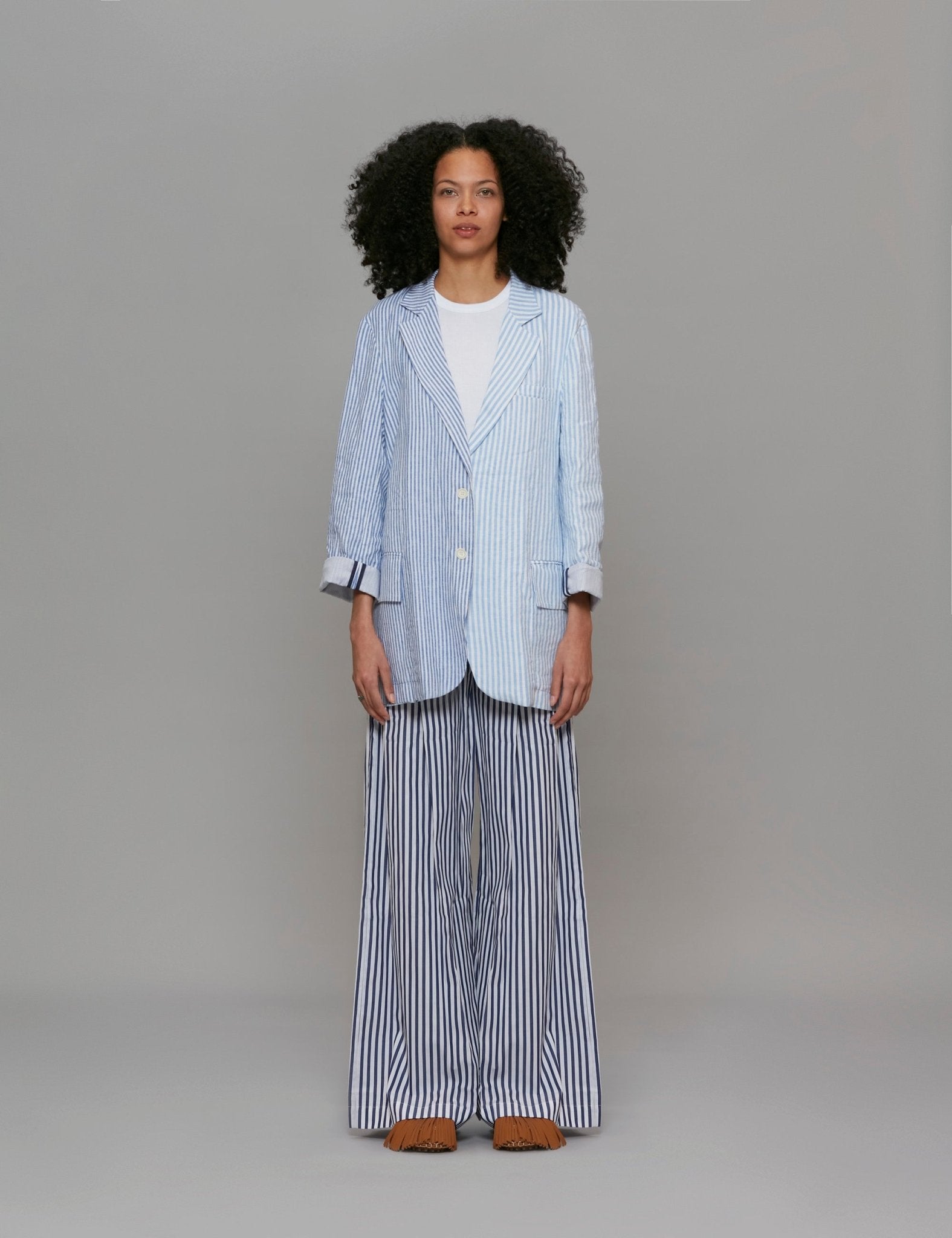 giacca lino riga bianco e blu - Frida SRL